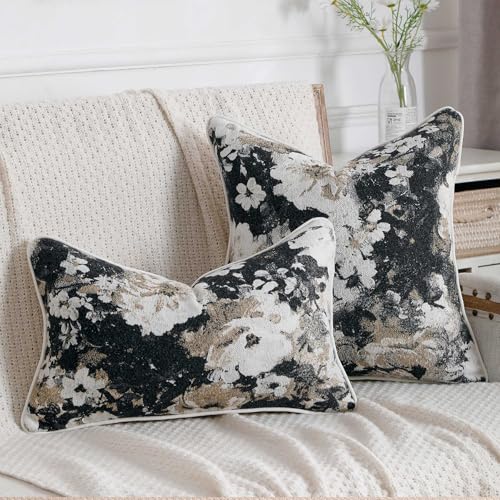 Vintage Floral Throw Pillow Covers 18x18 Set of 2 Neutral Boho Farmhouse Soft Chenille Jacquard Decorative Couch Pillow Covers for Sofa Couch Bed Living Room Home Décor Beige Black - color: Beige Black, size: 18" x 18" (Pack of 2)
