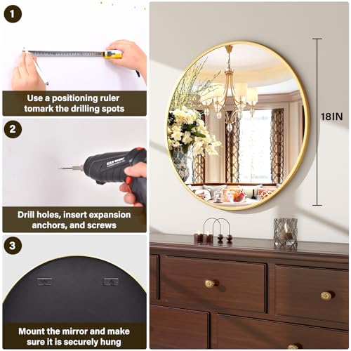 XRAMFY 18 Inch Round Gold Metal Wall Mirror - Stylish Circle Mirror for Entryway, Bathroom, and Living Room Decor | Matte Gold Circle Wall Mirror - color: Round-gold, size: 18"L x 18"W