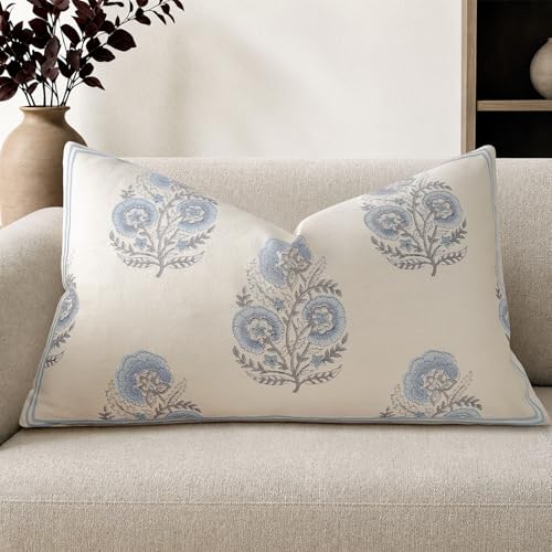 Vintage Floral 12x24 Lumbar Pillow Cover for Bed Pack of 1, Double-Sided Botanical Print Decorative Long Pillowcase Farmhouse Neutral Cushion Cover for Sofa Couch Living Room, Light Blue (Cover Only) - color: Light Blue, size: 24" x 12" (Pack of 1)