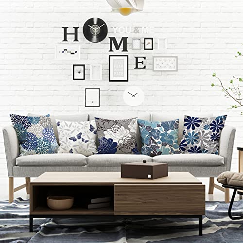 COMMINY Blue Grey Pillow Covers 18x18 Set of 6 Decorative Daisy Flower Throw Pillow Cover for Couch Modern Pillow Case for Patio Living Room Cushion Bed Farmhouse Home Decor - color: Blue Daisy, size: 18" x 18" (Pack of 6)
