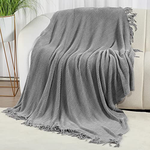 Blagic Grey Throw Blanket for Couch Soft Farmhouse Chenille Boho Throw Blanket with Tassels Home Decorative Lightweight Throw Blankets, Throws for Bed/Chair/Sofa, Stripe Textured (Light Grey,50"x60") - color: F-grey, size: 50 × 60 in