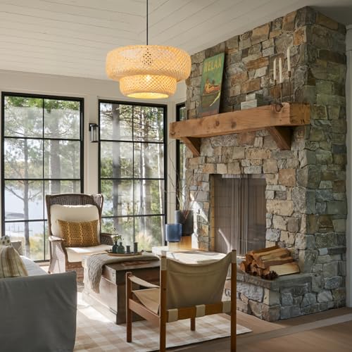 Bamboo Pendant Light 17.72" Wicker Chandelier Handmade Rattan Dining Room Lights Farmhouse Hanging Lighting Fixture for Kitchen Island Bedroom Living Room Hallway Coffee Restaurant - color: Beige-17.72IN