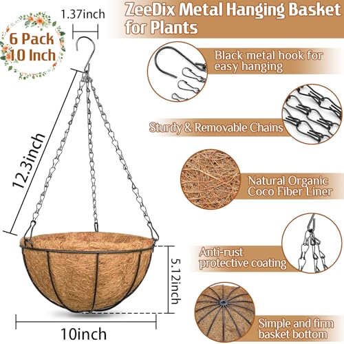 ZeeDix 6 Pack 10 Inch Metal Round Hanging Planter Basket with Coconut Liners Replacement, Hanging planters Baskets with Natural Coco Liner for Outdoor Indoor Planters Flowers Vegetables - color: 6 Pack, size: 10 Inch