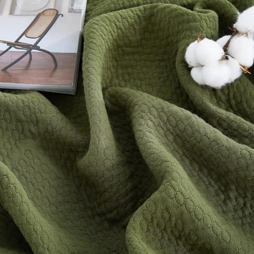 Premium 100% Cotton Blanket – All-Season Soft Breathable Bed Blanket for Throw Size – Lightweight Stylish Textured Throw for Bed– Giftable Cozy Bedding - color: Green, size: Throw (50"x60")