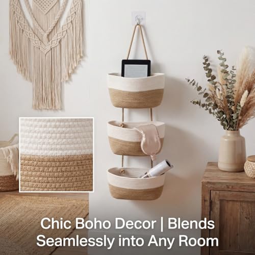 Hanging Wall Basket, Over the Door Hanging Basket with Hooks, 3-Tier Cotton Hanging Basket for Organizing, Decorative Boho Chic Decor for Wall, Bedroom, Living Room, Nursery, Whte & Jute - color: White&Jute