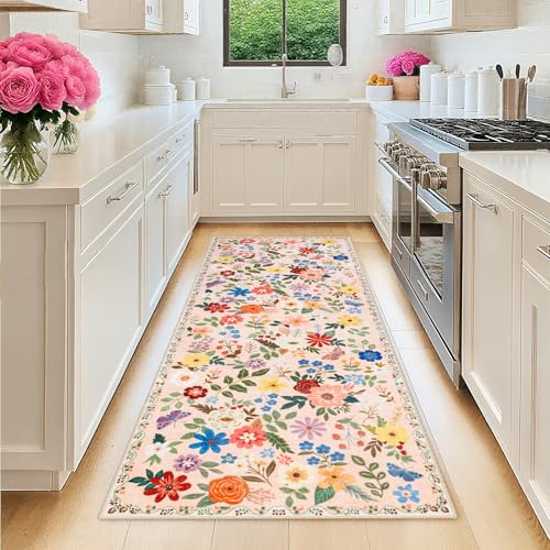 Runner Rug for Entryway: 2x6 Kitchen Rugs Non Slip Washable Ultra-Thin Soft Floral Carpet Indoor Floor Stain Resistant Carpets for Hallway Bedroom Kitchen Laundry Bathroom Dorm Beige - color: Beige, size: 2' x 6' (Runner)
