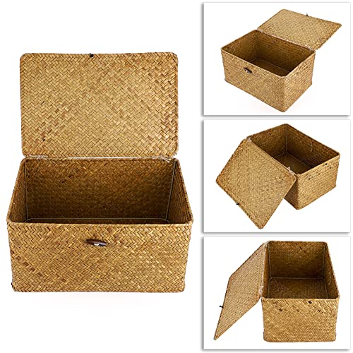 Hipiwe Wicker Shelf Baskets Bin with Lid, Handwoven Seagrass Basket Storage Bins Rectangular Household Basket Boxes for Shelf Wardrobe Home Organizer, Caramel Large - color: Caramel, size: Large