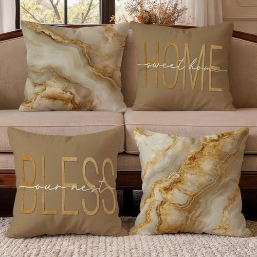 OBSEDE Inspirational Beige Marble Decorative Throw Pillow Covers 18 × 18 in, Set of 4, Couch Cushion Cases Inserts for Sofa Bed Living Room Home Decor, Single-Sided Print - color: Inspirational Beige Marble, size: 18" x 18" (Pack of 4)