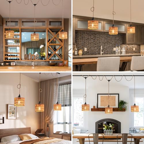 3-Light Hanging Light with Plug in Cord,Plug in Pendant Light 22ft Hemp Rope Pendant Lighting Vintage 3-Light Hanging Lamp Fixtures for Kitchen Island Living Room Bedroom - color: 3 Light 18CM Hemp Rope Shade