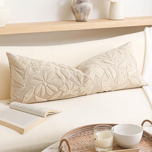 BlissBlush 14x36 Lumbar Pillow Cover for Bed, Rectangular Decorative Long Throw Pillowcase, Embroidered Farmhouse Accent Cushion, Beige Neutral Floral Tufted (Cover Only) - color: Beige Cream, size: 36" x 14" (Pack of 1)
