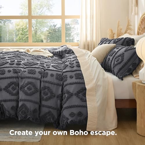 Bedsure Boho Duvet Cover King - Tufted Boho Bedding, Farmhouse-Style Distressed Vintage Embroidery Bedding for All Seasons, 3 Pieces, 1 Soft Jacquard King Comforter Cover and 2 Pillow Shams - color: 04 - Gray Tufted (No Comforter), size: King (104" X 90")