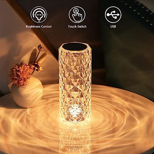 Portable Crystal Table Lamp,3 Color Touch Control Rechargeable Lamp,Crystal Bedside Lamp,Night Light,Room Decor Desk Lamp,Bedroom,Living Room,Kitchen,Dining Room Lamp (3-Color Rose) - color: 3-Color Rose