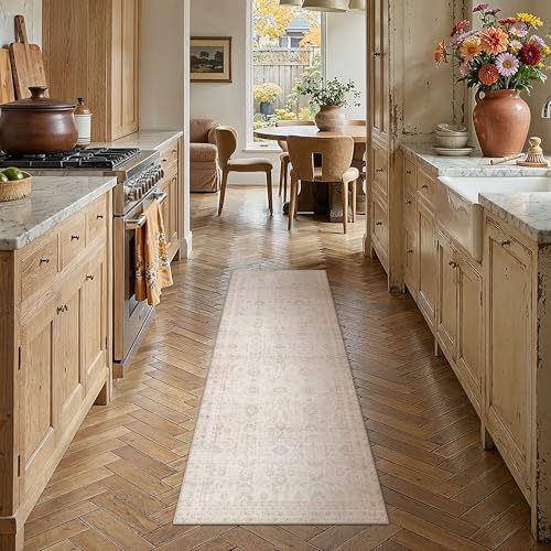 2x6 Washable Neutral Hallway Runner Rug Kitchen Beige Modern Low Pile Non Slip Area Rug Soft Floral Stain Resistant Carpet Distressed Door Mat Entryway Bedroom Living Room Indoor Stair - color: Accent | Beige Multi, size: 2'x6'
