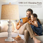 24.5" Table Lamp Set of 2, Rustic Farmhouse Bedside Lamps with USB A+C Charging Ports, 3-Way Dimmable Touch Control Nightstand Lamps for Living Room Bedroom, Antique Grey White, LED Bulbs Included - color: Antique Grey White