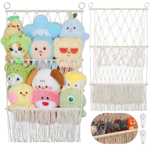 2 Tier Stuffed Animal Storage Shelf Net, 17x32Inch Large Stuffed Animal Organizer Holder Display for Mini Medium Stuffy,Beige Boho Macrame Wall Stuffy Storage Plushies Storage for Nursery Decor - color: Beige, size: Large-2 Tier-17x32 Inch