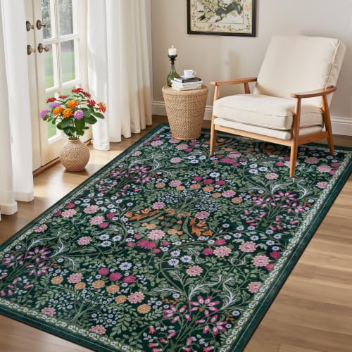 Area Rug Living Room Rugs: Floral 3x5 Washable Rug Vintage Soft Boho Non-Slip Carpet Indoor Floor Stain Resistant Large Carpets for Bedroom Dining Room Farmhouse Nursery Hallway Dark Green - color: Dark Green, size: 3' x 5' (Rectangular)