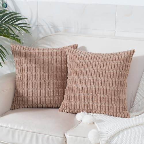Decorative Throw Pillow Covers 16x16 Inch Set of 2, Corduroy Soft Striped Boho Couch Pillow Covers Modern Farmhouse Home Decor for Sofa Neutral Living Room Bed Light Brown - color: Light Brown, size: 16" x 16" (Pack of 2)