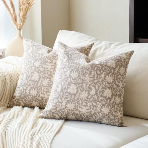 FIOUOVO Floral Throw Pillow Covers 18x18 Farmhouse Block Print Pillow Covers Decorative Pillow Covers Couch Pillows for Living Room Vintage Accent Sofa Pillows Set of 2, Taupe Grey - color: Taupe Grey, size: 18" x 18" (Pack of 2)