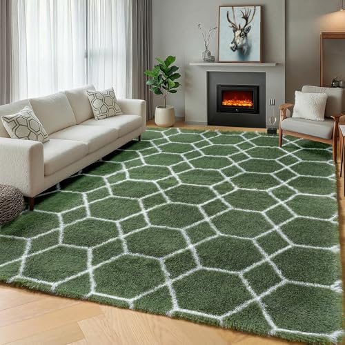ONASAR Area Rugs for Bedroom Living Room, 4x6 Fluffy Olive Green and White Throw Rug, Soft Plush Fuzzy Shaggy Geometric Floor Carpet for Nursery Kids Girls Boys Teen Dorm Home Decor Aesthetic - color: Olive Green / White, size: 4' x 6' (Rectangular)