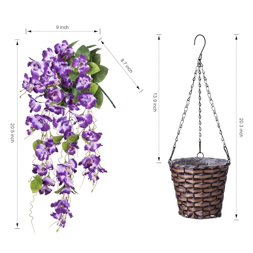 Artificial Fake Hanging Hibiscus Flowers Plants Baskets for Outdoor Decoration, Faux Silk Hibiscus Long Vines in Planter UV Resistant Realistic Flowers for Outside Porch Patio Home Decor, Darkpurple - color: Darkpurple
