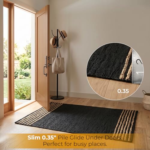GRUHUM Black Jute Area Rug 6x9 ft Natural Fiber Rectangular Black Leather Handwoven Boho Farmhouse Soft Braided Rustic Vintage Eco Friendly Rugs Indoor Living Room Bedroom Kitchen Hallways 6x9ft Large - color: Natural Black- 20, size: 6' x 9' (Rectangular