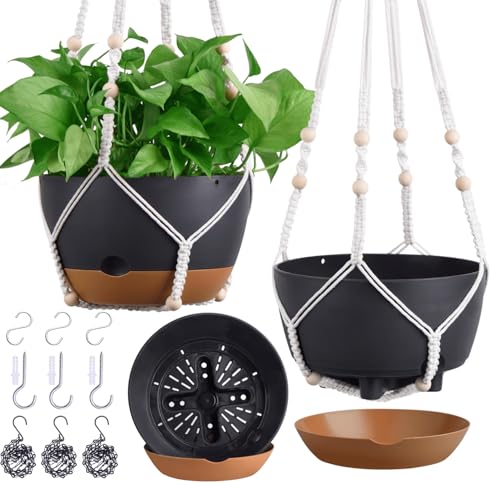 3 Pack 8/10/12 Inch Hanging Planters for Indoor Plants with Self-Watering Includes Hanging Pots for Plants, Outdoor Hanging Flower Pots with Drainage, and 2 Types of Hanging Baskets Hangers (Black) - color: Black, size: 8/10/12inch