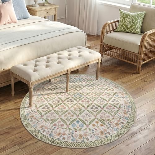 jinchan Haden Round Rug 5ft Vintage Floral Washable Rug for Entryway Kids Room Soft Non-Slip Low Pile Circle Carpet Nursery Living Room Reading Nook Cottage Indoor Decor Sage Green - color: Sage Green, size: 5' (Round)