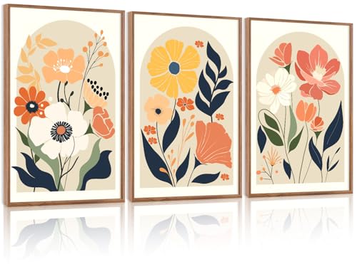 KAIRNE Boho Canvas Wall Art,Abstract Floral Wall Decor,Modern Minimalist Prints Set of 3(16”X24”),Botanical Wall Art Paintings,Bohemian Mid Century Artwork for Living Room Bedroom Office Decor,Framed - color: Abstract Boho Flower(medium), size: 16"Lx24"W