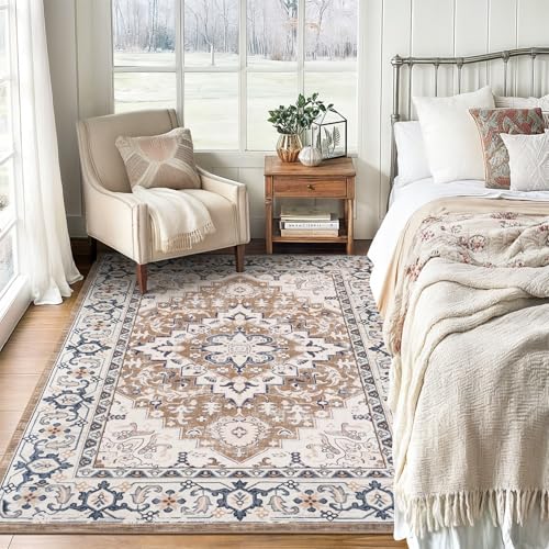 Lofus 5x7 Area Rugs for Living Room, Washable Area Rug, Rugs for Bedroom, Kitchen, Vintage Boho Carpet, Soft Non-Slip, Low Pile Large Area Rug for Office Dining Room, Floral Brown - color: Floral Brown, size: 5' x 7' (Rectangular)