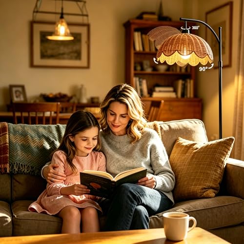 Arc Floor Lamp for Living Room, Boho Floor Lamps with Hand-Woven Rattan Flower Shade, Farmhouse Standing Lamp with Remote & 3 Color Temp Bulb, Height Adjustable Tall Lamp for Bedroom Office Corner - color: Black