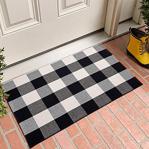 MUBIN Cotton Buffalo Plaid Rug, 2'x3' Black and White Outdoor Rug Front Door Decorative Mat, Washable Doormat Hand-Woven Foldable Area Rug Layered Door Mats Rug for Front Porch, Entryway, Patio - color: Black White Plaid, size: 2' x 3' (Rectangular)