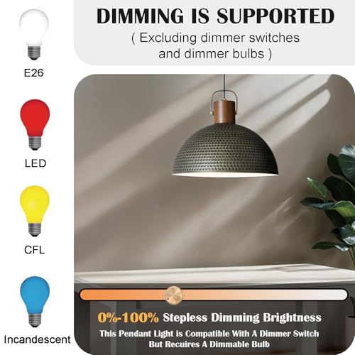 Large Pendant Light Fixtures, 15.7 Inch Vintage Wood Dome Chandelier Lamp, Hammered Matte Brushed Metal Pendant Lamp, Mid Century Gold Ceiling Hanging Light for Dining Room, Living Room Kitchen Island