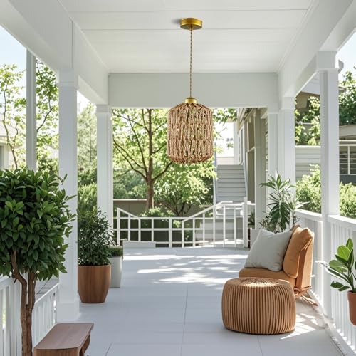 Hand-Woven Hemp Rope Pendant Light, Shell-Shaped Boho Ceiling Lamp with Adjustable Height, E26 Base, Gold Finish, 6 Inch Diameter for Living Room/Bedroom/Dining Areas, cafes & entryways - color: 6”drum-shaped