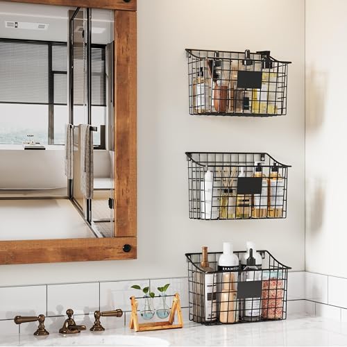 Wall Mounted Bin Basket with 5 Hooks 3 Label Plate Adhesive-3 Pack, Cabinet Hanging Metal Wire Basket,Rustic Farmhouse Decor, Storage Organization Shelf for Pantry Kitchen Bathroom 10.6*7.5*5.1inch - size: 3 Pack