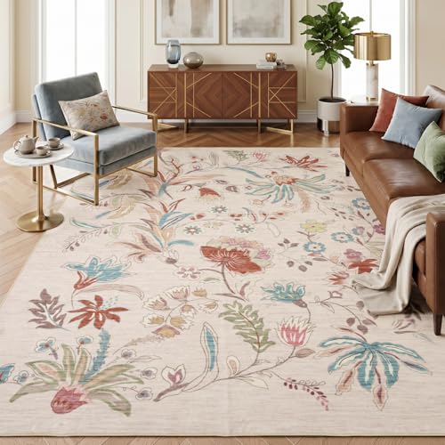 8x10 Washable Area Rugs for Living Room, Beige Vintage Boho Floral Rug, Soft Low Pile Thin Carpet, Non-Slip Large Rugs for Bedroom Dining Room Playroom Indoor Farmhouse Nursery Office, Beige-Floral - color: Beige Multi, size: 8' x 10' (Rectangular)