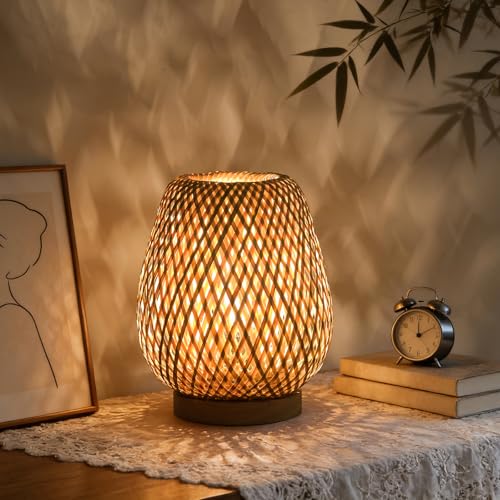 ARTZONE Rattan Lamp, Vintage Boho Lamp for Bedside, Handmade Mini Bamboo Table Lamp for Entrance Bedroom Living Room Office and Home Decor