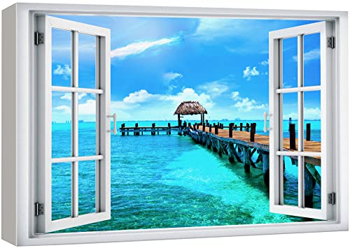 wall26 Canvas Print Wall Art Window View Tropical Island Beach Pier Hawaii Tahiti Wilderness Nature Photography Realism Scenic Landscape Colorful Multicolor for Living Room, Bedroom, Office - 12"x18" - color: A001-2204-hol02, size: 18"L x 12"W