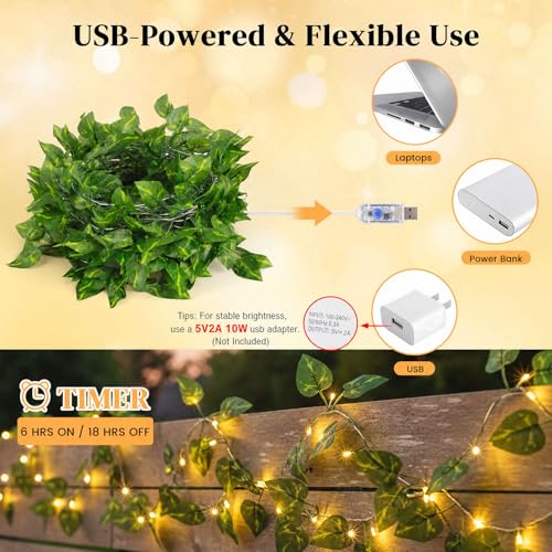 DomeStar 40Ft 120 LED Pothos Vines String Lights with Remote, Fairy Lights with Artificial Greenery Vines for Bedroom, Dorm, Wall, Wedding, Party, Indoor Outdoor Holiday Home Decor - style: 40Ft-120LED-Green Vine