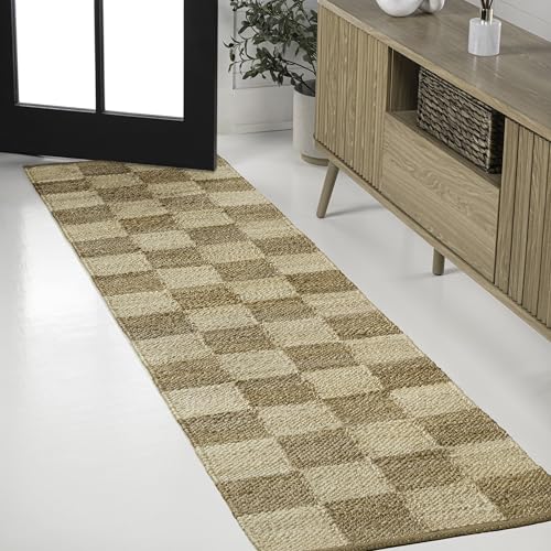 JONATHAN Y Theo Woven Jute Checkerboard Natural/Bleach Runner Rug, 2x10, Modern, Farmhouse, Rustic, Lodge, Easy-Cleaning for Living Room, Bedroom, Kitchen, Non-Shedding (NRF203C-210) - color: Natural/Bleach, size: 2' x 10' (Runner)