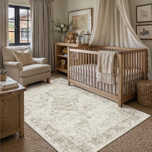 PureCozy Beige 3x5 Washable Area Rug for Living Room Neutral Vintage Floral Medallion Soft Small Door Mat Low Pile Non Slip Distressed Indoor Office Carpet for Bedroom Dining Room Nursery - color: Beige/Cream, size: 3' x 5' (Rectangular)