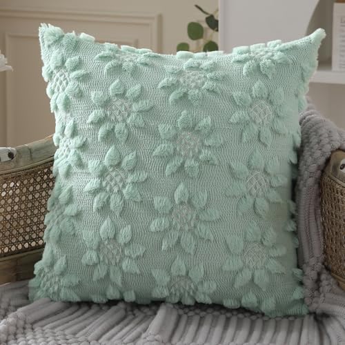 DFXSZ Spring Summer Pillow Covers 16x16 inch Set of 2 Farmhouse Decor White Flower Heart Sunflower Green Soft Plush Faux Fur Jacquard Throw Pillows for Sofa Holiday Spring Home Decor PTK024F16 - color: Green, size: 16" x 16" (Pack of 2)