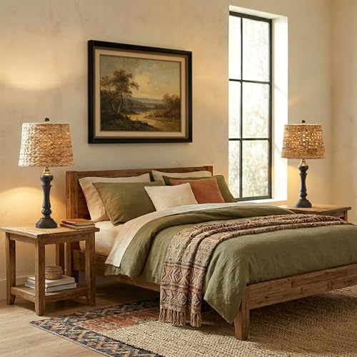 Maxax 26" Boho Rattan Table Lamps for Bedroom Set of 2, Coastal Bedside Lamps with Rattan Shade, Black Farmhouse Wicker Lamps, Rustic Resin Nightstand Lamps for Living Room - color: Black