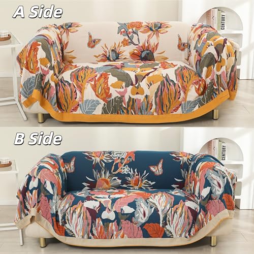 Boho Cotton Throw Blanket - Large Soft All-Season Quilt with Rustic Floral Design for Bed and Couch, Suitable for Living Room and Farmhouse Decor (Flower-Butterfly, Throw (50" x 60")) - color: Flower-butterfly, size: Throw (50" x 60")