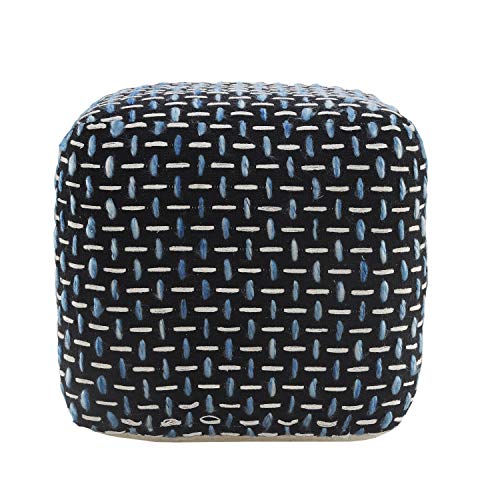 LR Home Hand-Woven Black/White/Blue Geometric Cotton Square Ottoman Pouf for Home Decor | Indoor Foot Rest for Bedroom & Living Room | 16 x 16 x 16 Stuffed Ottoman for Seating - color: Black/Blue/White, size: 16"D x 16"W x 16"H