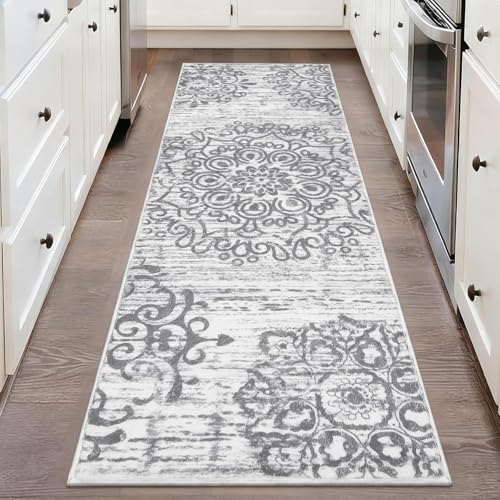 HEBE Hallway Runner Rug 2'x5' Washable Vintage Distressed Area Rugs Non Slip Laundry Rug Runner Boho Floor Carpet Runners for Hallways Entryway Laundry Room Kitchen Bathroom - color: Grey, size: 2' x 5' (Rectangular)