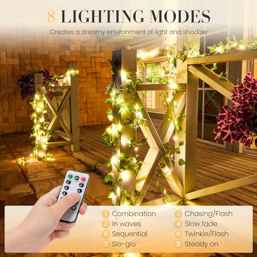 KASZOO 33ft 100 LED Vine with Fairy Lights with Remote, Fake Vines String Lights Battery/USB Operated, Ivy Garland, Leaf Lights for Bedroom Garden Party Wall Room Decor - color: IVY-USB/Battery Powered-100 LED-Copper Wire