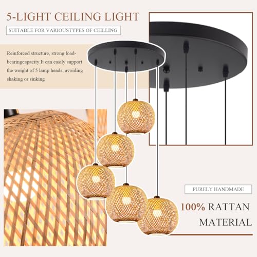 5-Light Staircase Bamboo Light Fixture Basket Weave Pendant Light Shade Boho Large Rattan Chandelier Coastal Wicker Pendant Hanging Lights for Foyer Living Room Farmhouse - color: Bamboo, 5-Light