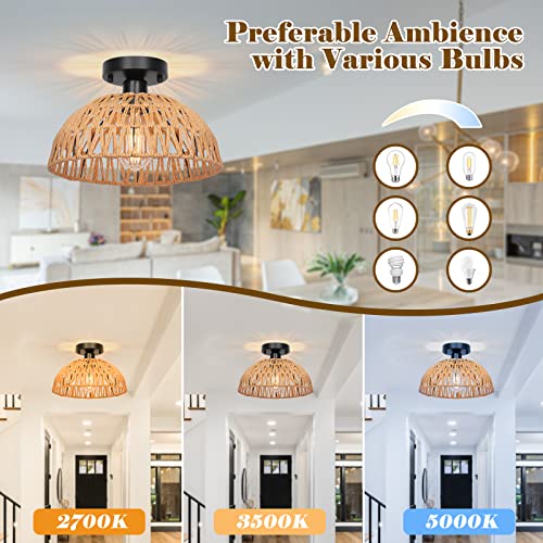 12.2" Rattan Ceiling Light Fixtures 2 Packs, Rustic Woven Basket Flush Mount Ceiling Light, Handmade Wicker Ceiling Lamp, Rattan Chandelier For Kitchen Island, Hallway, Living Room, Bedroom, E26 Base - color: Brown