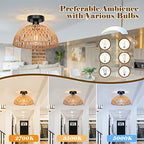 12.2" Rattan Ceiling Light Fixtures 2 Packs, Rustic Woven Basket Flush Mount Ceiling Light, Handmade Wicker Ceiling Lamp, Rattan Chandelier For Kitchen Island, Hallway, Living Room, Bedroom, E26 Base - color: Brown