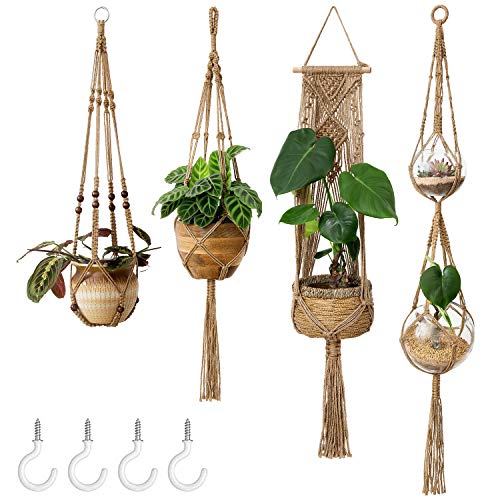 Mkono Macrame Plant Hangers Set of 4 Indoor Hanging Planter Basket Wall Decorative Flower Pot Holder with 4 Hooks for Indoor Outdoor Home Decor Gift Box, Brown - color: Brown